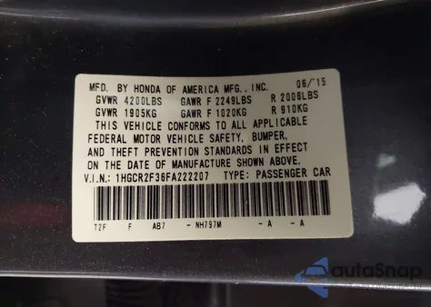 2015 Honda Accord Lx z USA, uszkodzony, nr VIN 1HGCR2F36FA222207